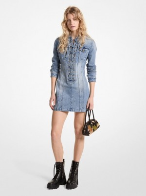 Vestido Michael Kors Stretch Denim Lace-Up Mini Dress Mujer Azules Azules | 7564-JCMUF