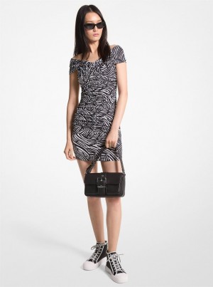 Vestido Michael Kors Zebra Print Stretch Matte Jersey Off-The-Shoulder Dress Mujer Negras Blancas | 1806-MJTFH