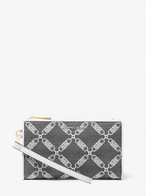 Wristlet Michael Kors Jet Set Large Empire Logo Jacquard Wristlet Mujer Negras Blancas | 7839-GIFUX