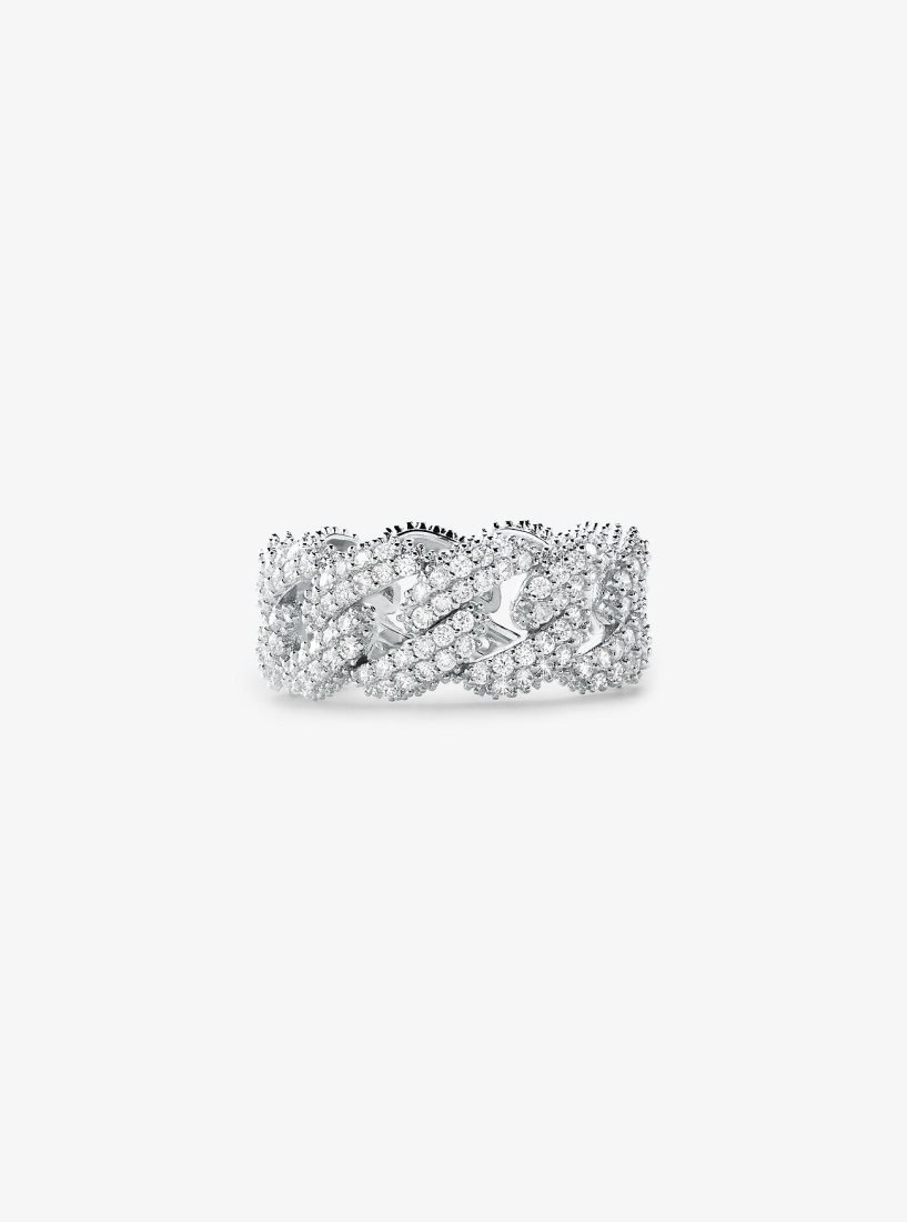 Anillos Michael Kors Precious Metal-Plated Sterling Silver Pave Curb Link Ring Mujer Plateadas | 7412-BKFRS