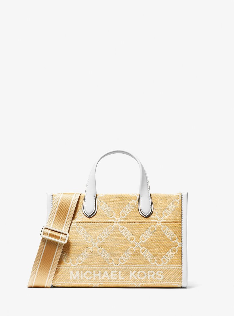 Bolsa Cruzada Michael Kors Gigi Small Empire Logo Jacquard Straw Messenger Bag Mujer Nat/Opticwht | 0842-FJYIB