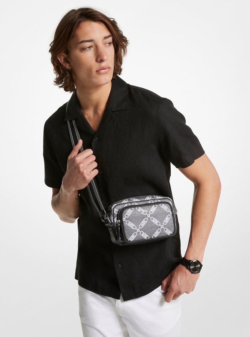 Bolsa Cruzada Michael Kors Hudson Empire Logo Jacquard Camera Bag Hombre Negras | 2497-WYQZB