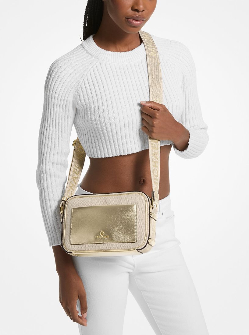 Bolsa Cruzada Michael Kors Maeve Large Canvas and Metallic Crossbody Bag Mujer Doradas Beige | 2154-JQTBG