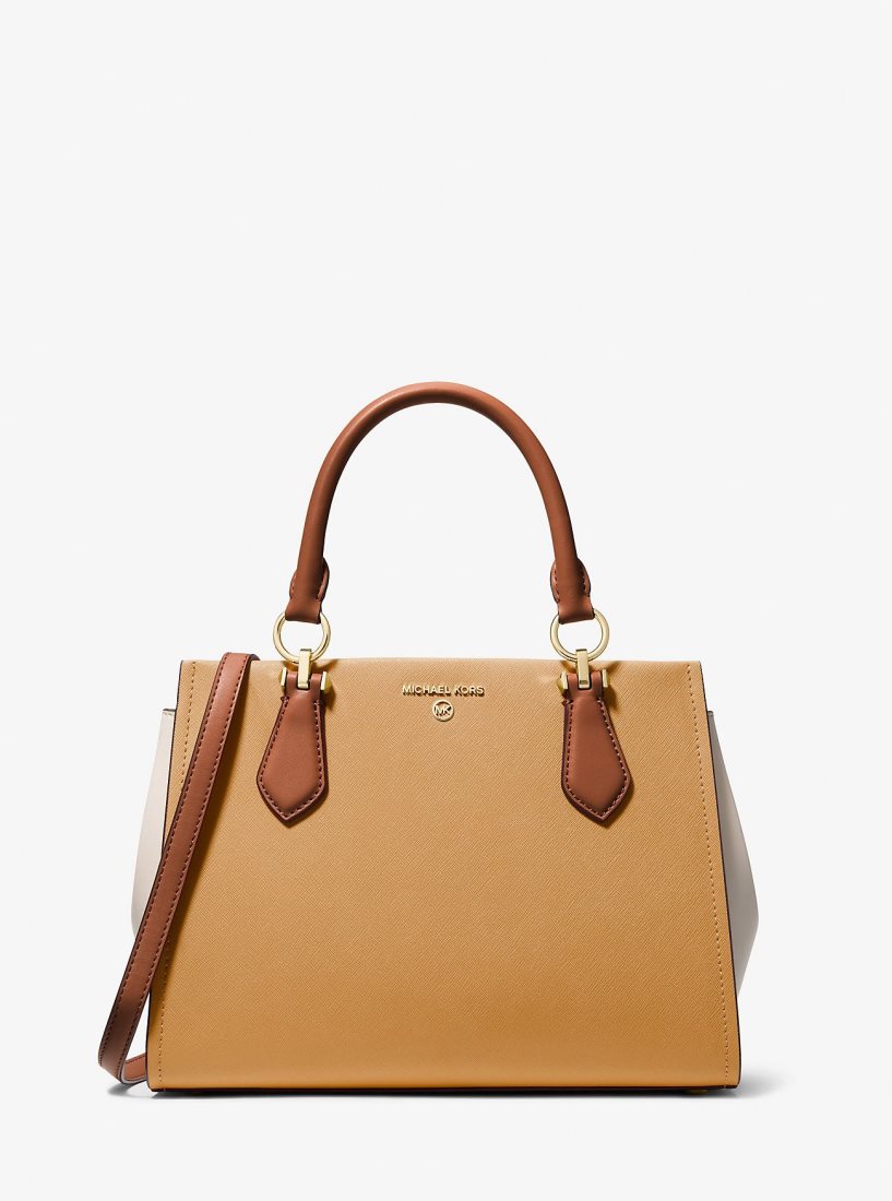 Bolsa Cruzada Michael Kors Marilyn Medium Color-Block Saffiano Leather Satchel Mujer Pale Peanut/Luggage | 8291-YTNZE