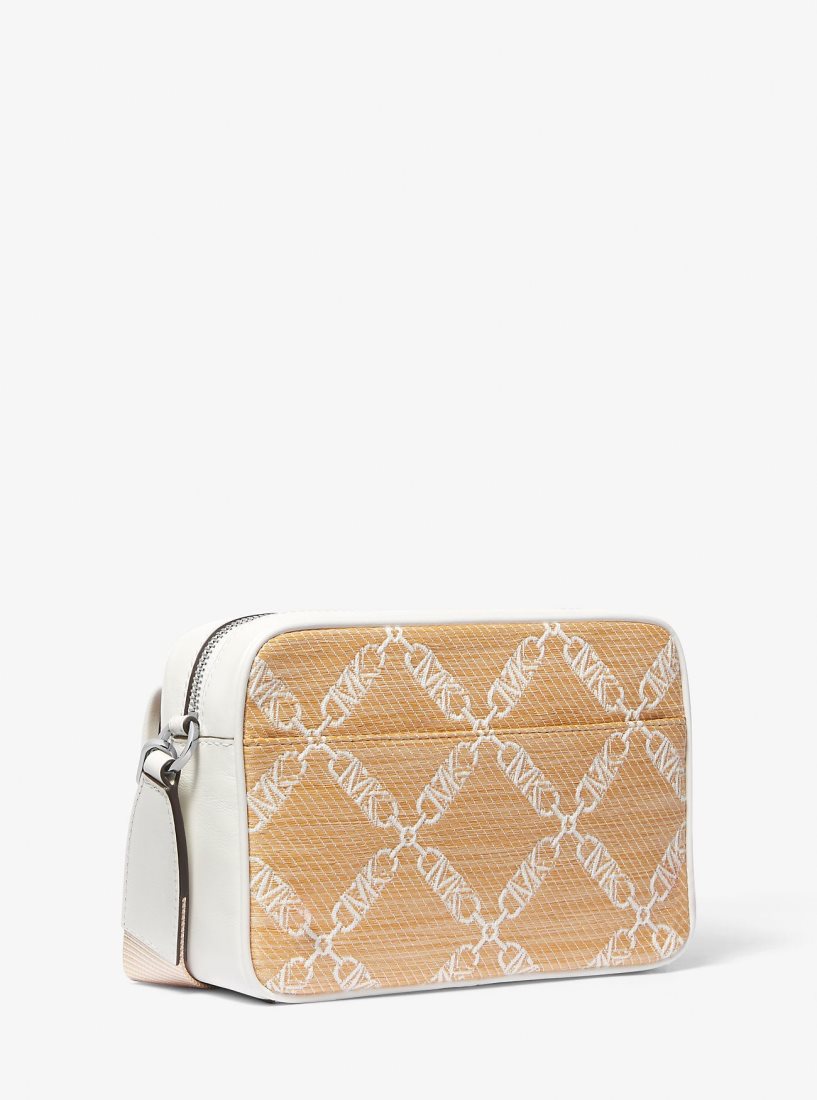 Bolsa Cruzada Michael Kors Parker Medium Empire Logo Jacquard Straw Crossbody Bag Mujer Nat/Opticwht | 0657-RFTDE