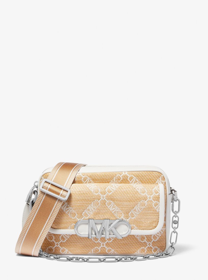 Bolsa Cruzada Michael Kors Parker Medium Empire Logo Jacquard Straw Crossbody Bag Mujer Nat/Opticwht | 0657-RFTDE