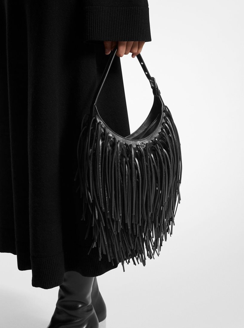 Bolsa De Hombro Michael Kors Dyan Small Fringed Leather Shoulder Bag Mujer Negras | 4529-PQCMS