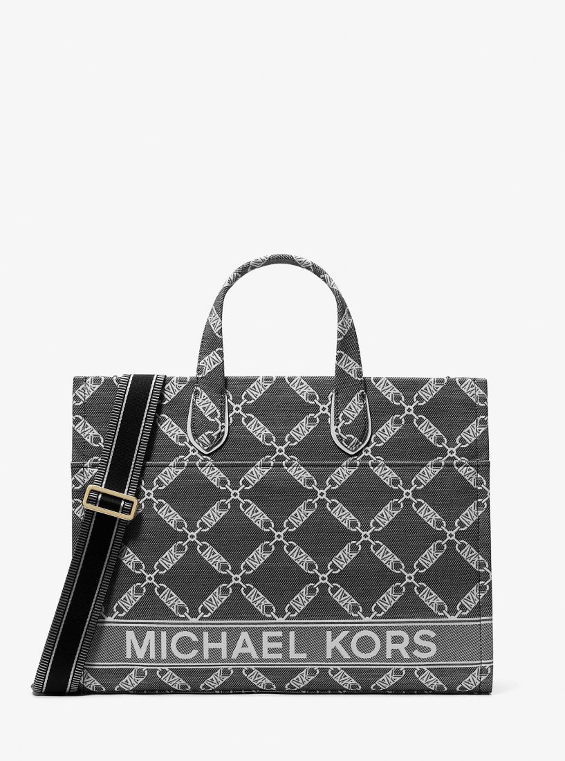 Bolsas de Mano Michael Kors Gigi Large Empire Logo Jacquard Tote Bag Mujer Negras Blancas | 7096-IUZQS