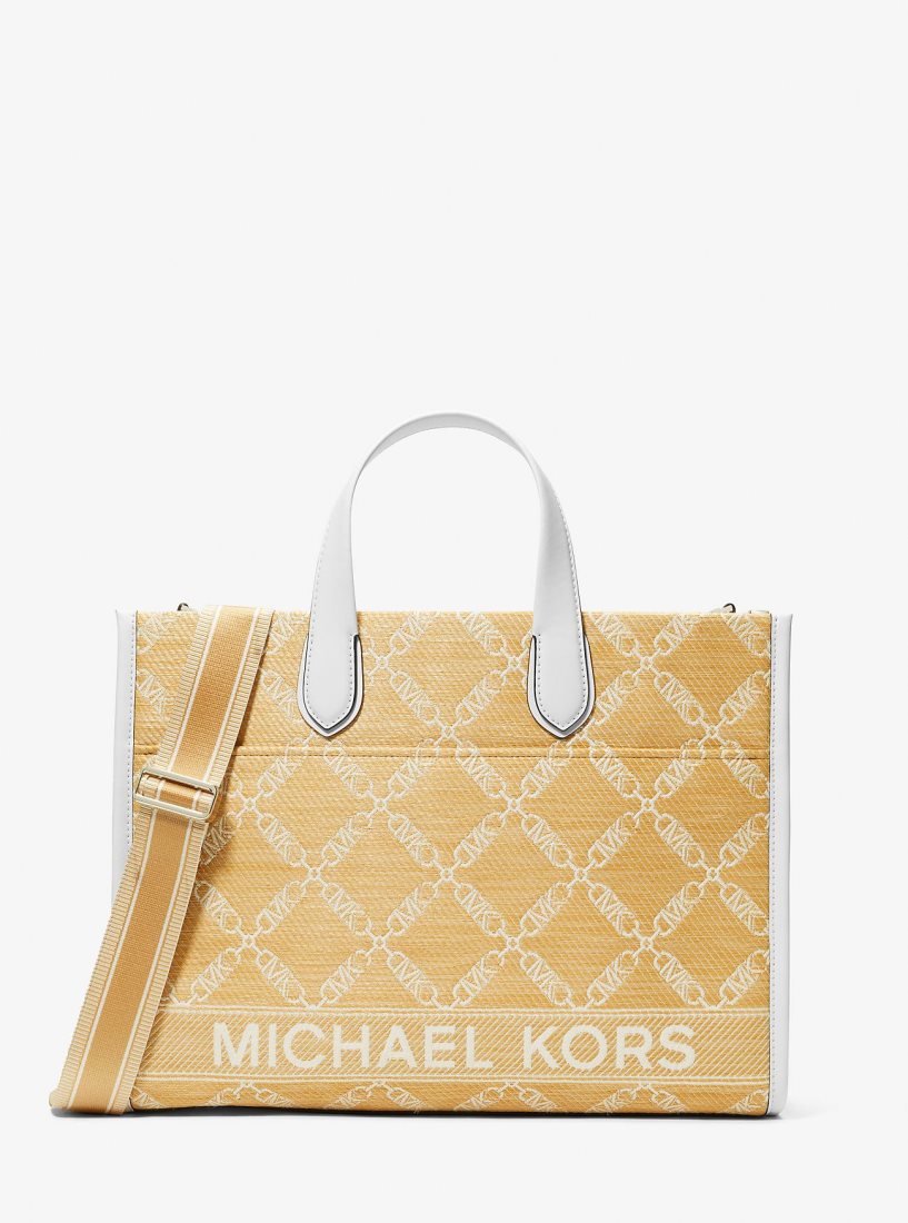 Bolsas de Mano Michael Kors Gigi Large Empire Logo Jacquard Straw Tote Bag Mujer Nat/Opticwht | 0768-JIXSQ