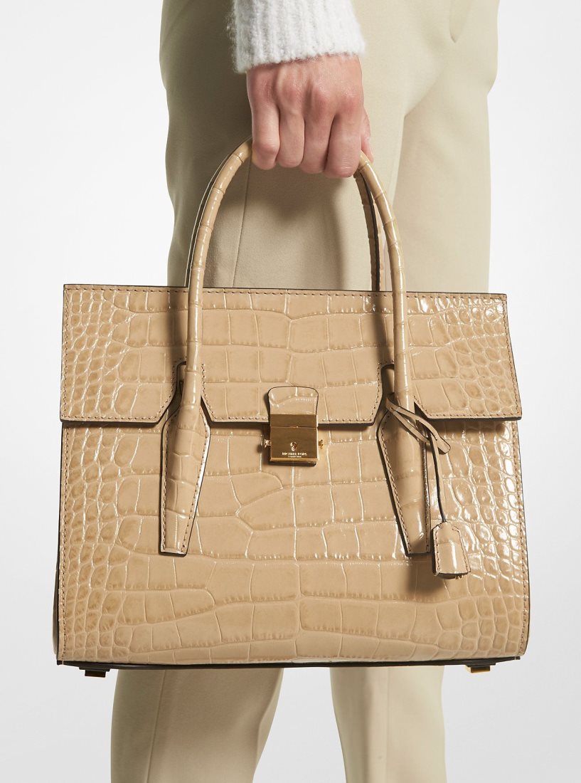 Bolso Satchel Michael Kors Campbell Medium Crocodile Embossed Leather Satchel Mujer Dune | 3197-EIGSY