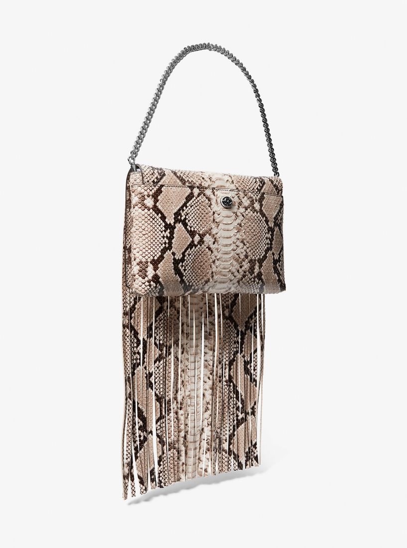 Bolsos De Mano Michael Kors Ali Fringed Python Embossed Leather Clutch Mujer Beige | 0786-QHAEO