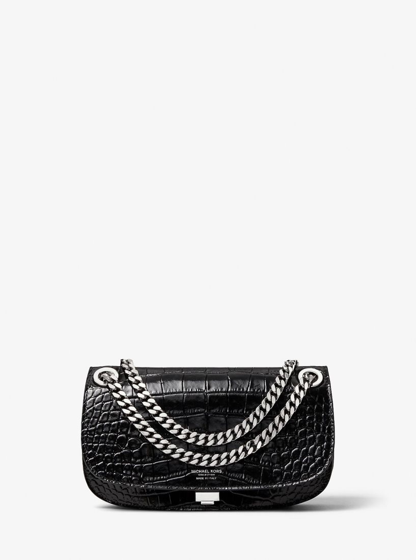 Bolsos De Mano Michael Kors Christie Crocodile Embossed Leather Envelope Bag Mujer Negras | 9018-KUPJN