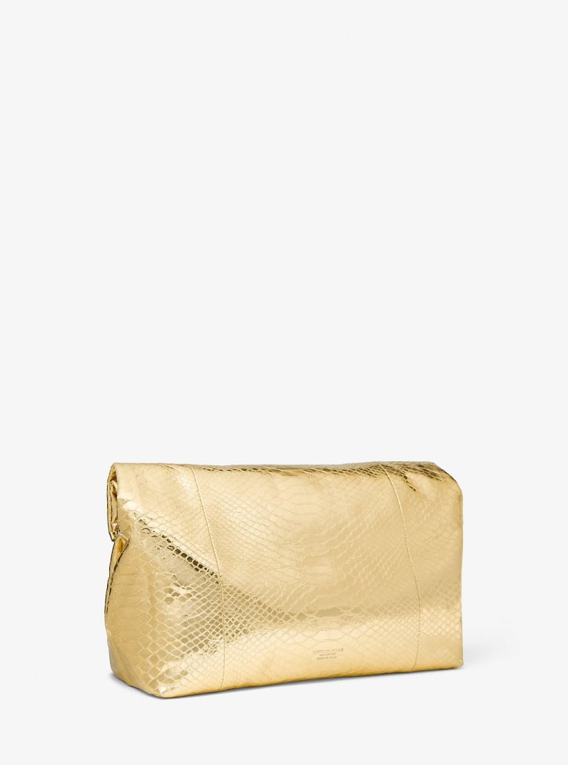 Bolsos De Mano Michael Kors Monogramme Medium Metallic Python Embossed Leather Lunch Box Clutch Mujer Doradas | 9761-EONPT