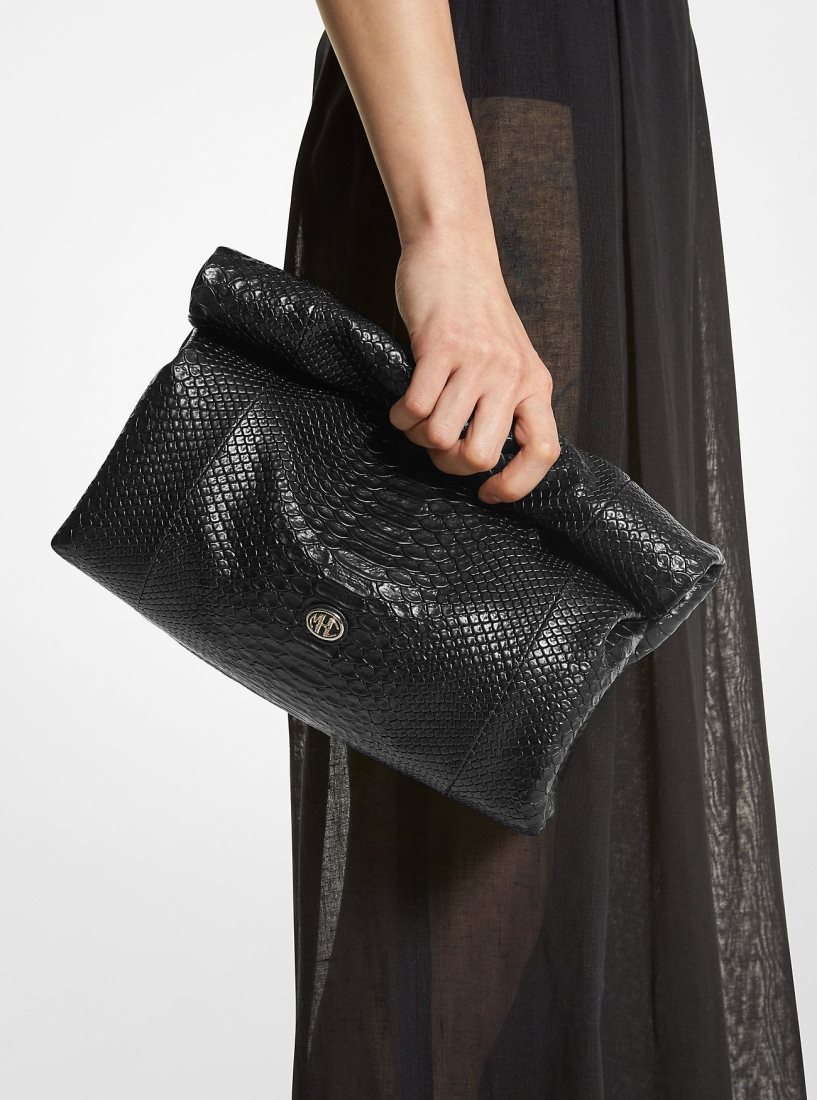 Bolsos De Mano Michael Kors Monogramme Medium Python Embossed Leather Lunch Box Clutch Mujer Negras | 9857-FHMPO