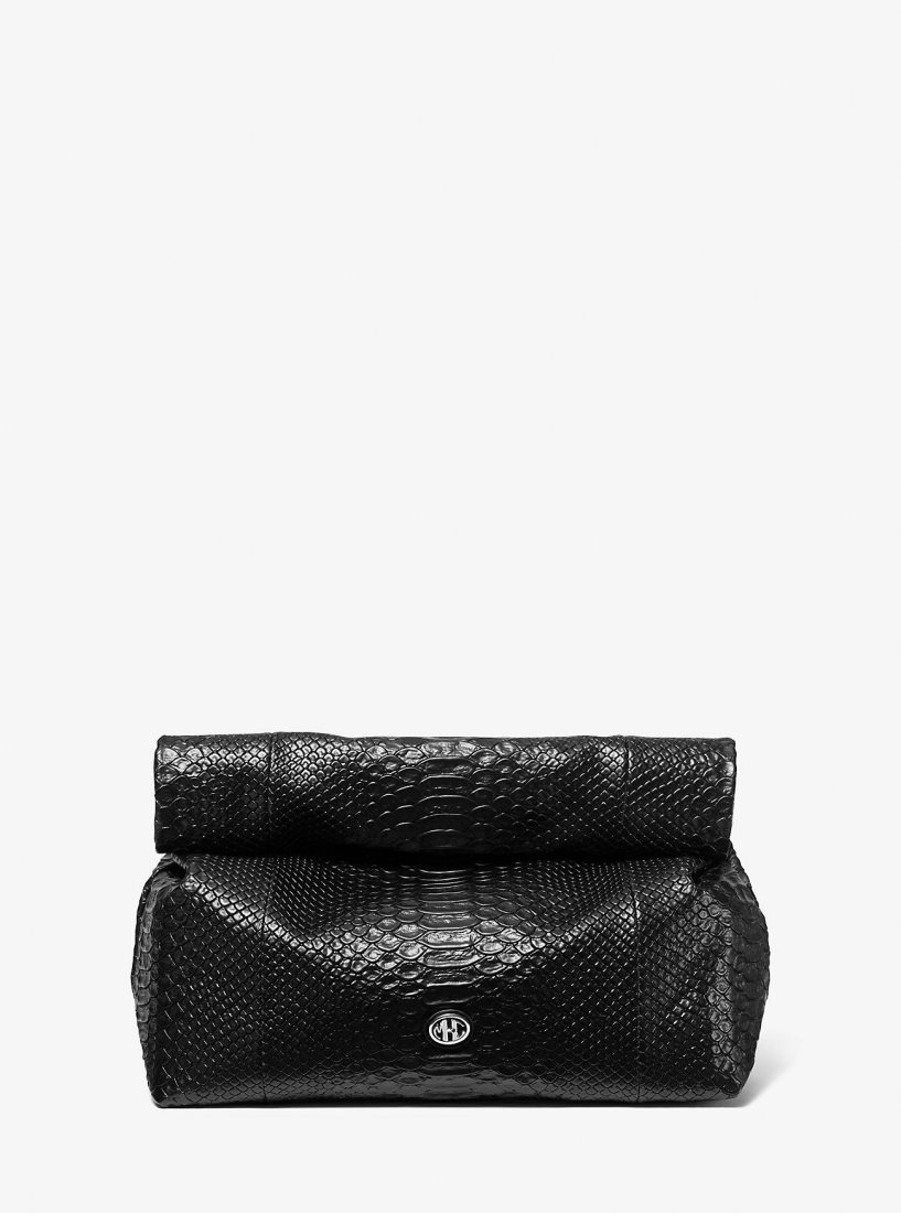 Bolsos De Mano Michael Kors Monogramme Medium Python Embossed Leather Lunch Box Clutch Mujer Negras | 9857-FHMPO