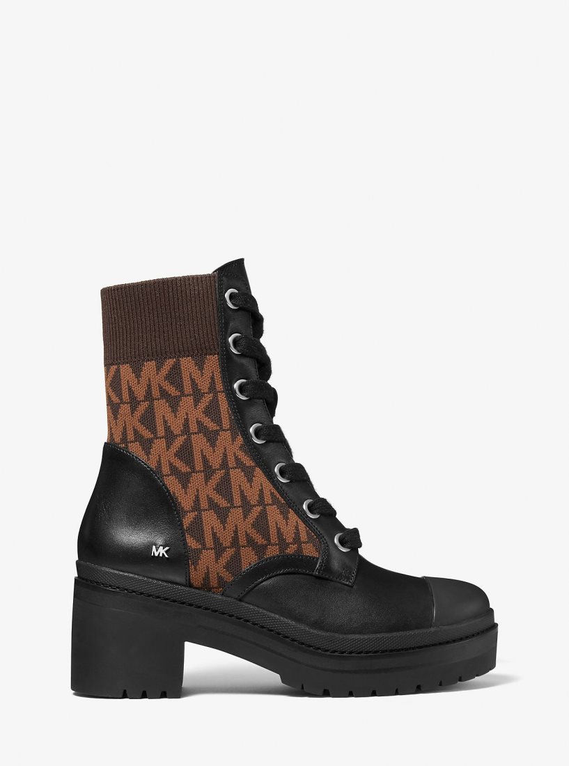 Botas Michael Kors Brea Leather and Logo Jacquard Combat Boot Mujer Marrones | 3068-KNGXA