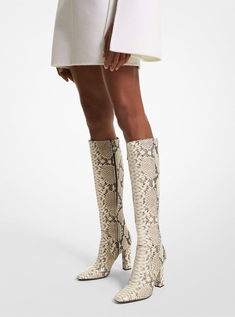 Botas Michael Kors Carly Python Embossed Leather Boot Mujer Beige | 1503-GRJZY