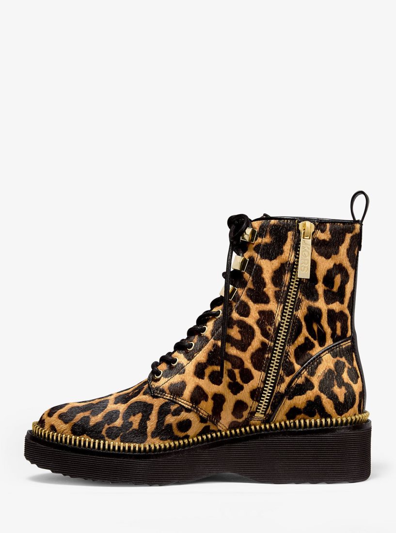 Botas Michael Kors Haskell Leopard Calf Hair Combat Boot Mujer Butterscotch | 1302-NCIDF