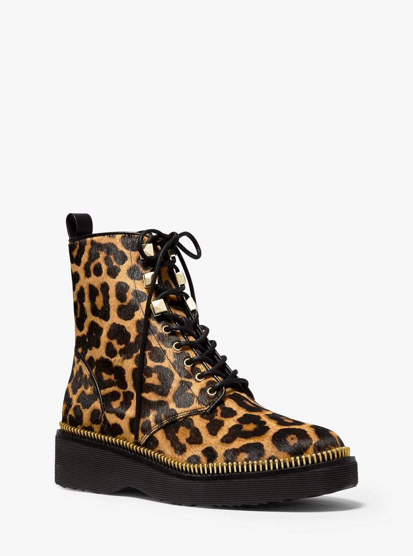 Botas Michael Kors Haskell Leopard Calf Hair Combat Boot Mujer Butterscotch | 1302-NCIDF