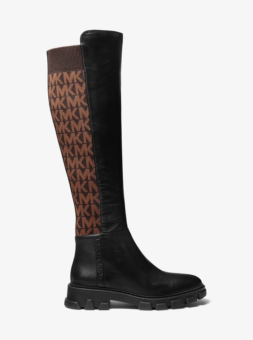 Botas Michael Kors Ridley Leather and Logo Jacquard Knee Boot Mujer Marrones | 4912-LVYJI