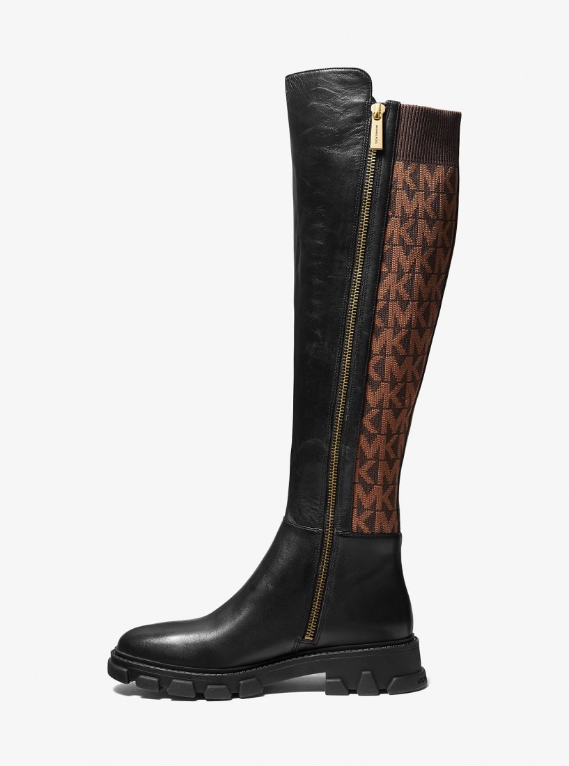 Botas Michael Kors Ridley Leather and Logo Jacquard Knee Boot Mujer Marrones | 4912-LVYJI