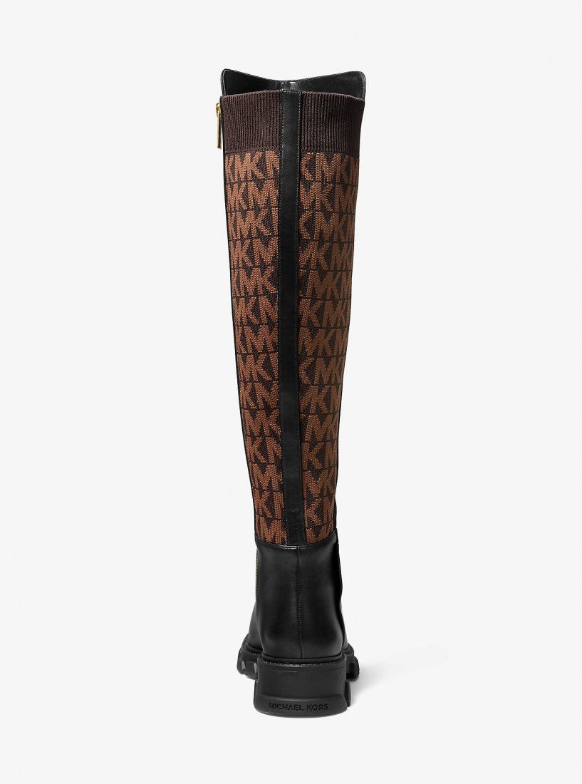 Botas Michael Kors Ridley Leather and Logo Jacquard Knee Boot Mujer Marrones | 4912-LVYJI