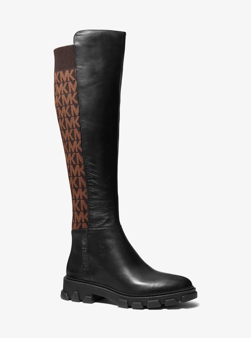 Botas Michael Kors Ridley Leather and Logo Jacquard Knee Boot Mujer Marrones | 4912-LVYJI