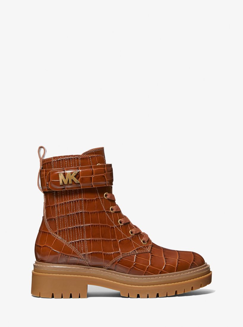 Botas Michael Kors Stark Crocodile Embossed Leather Combat Boot Mujer Marrones | 5208-THUYX