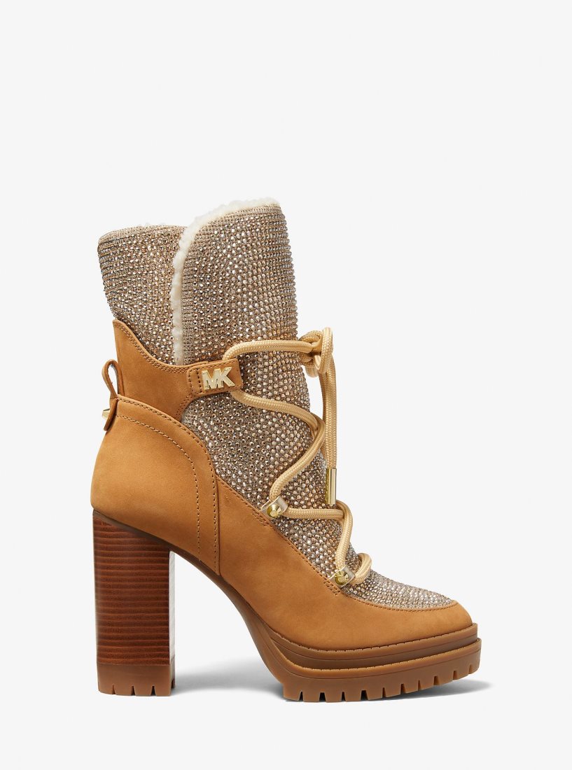 Botines Michael Kors Culver Embellished Nubuck and Glitter Chain Mesh Lace-Up Boot Mujer Marrones | 8307-SIVPB