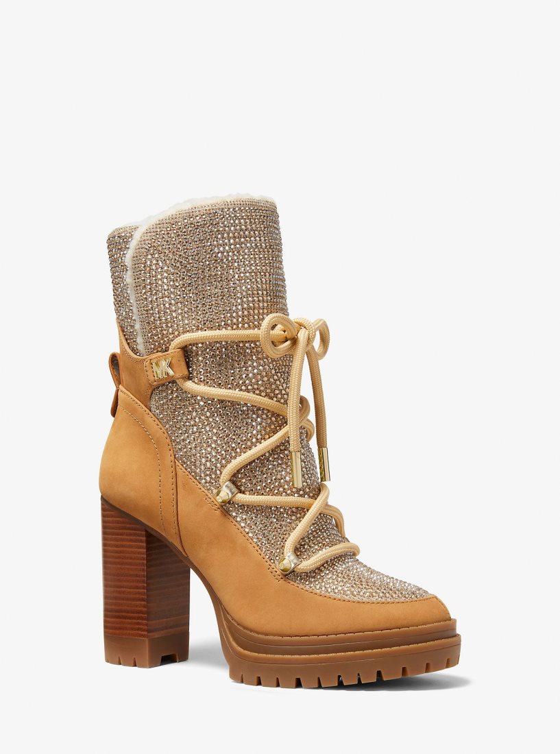 Botines Michael Kors Culver Embellished Nubuck and Glitter Chain Mesh Lace-Up Boot Mujer Marrones | 8307-SIVPB