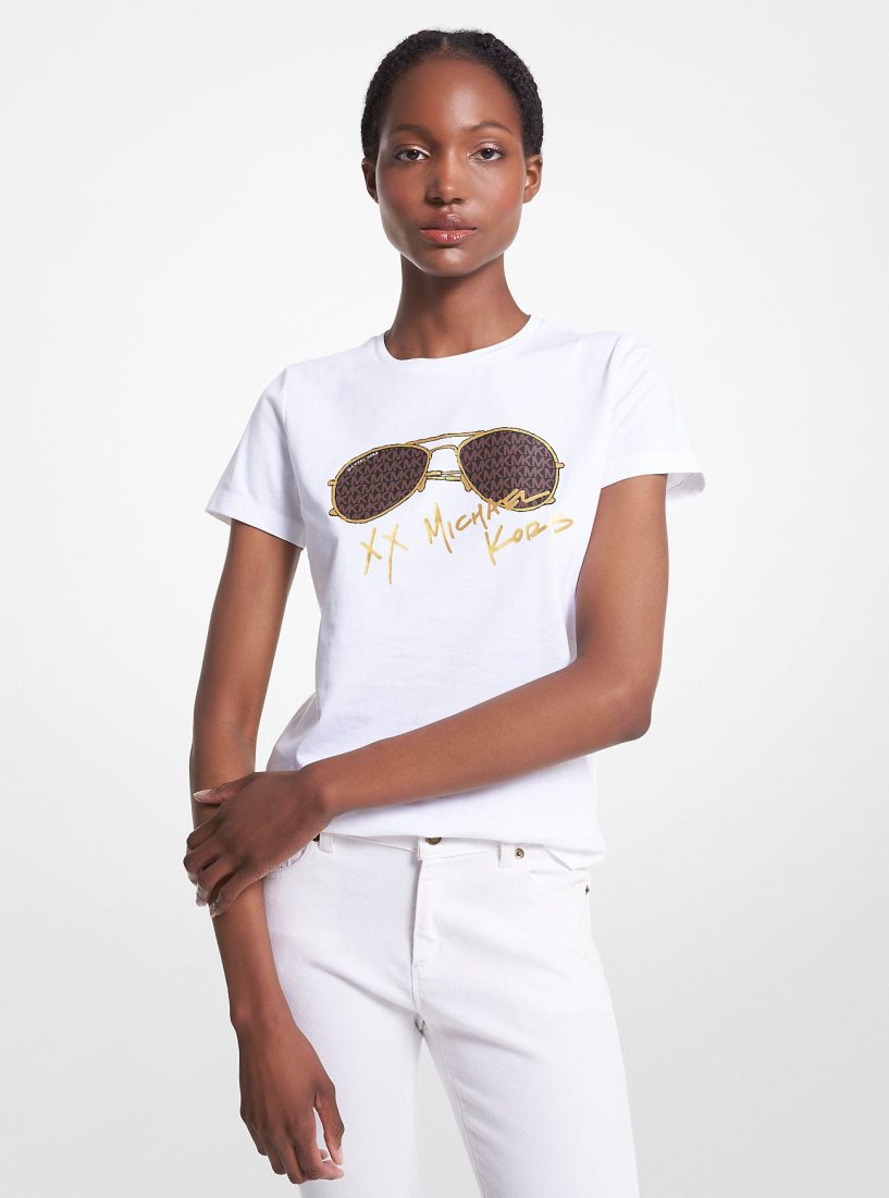 Camisas Michael Kors Logo Aviator Print Organic Cotton T-Shirt Mujer Blancas | 9812-CZYQE