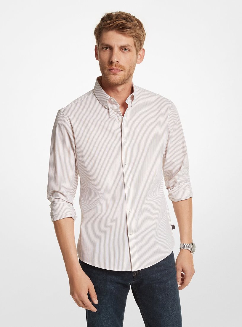 Camisas Michael Kors Striped Stretch Cotton Shirt Hombre Kaki | 0465-RBWDC