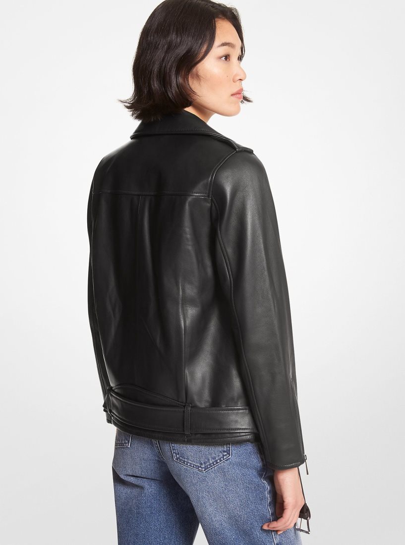 Chaquetas Michael Kors Belted Leather Biker Jacket Mujer Negras | 8371-SPCZN