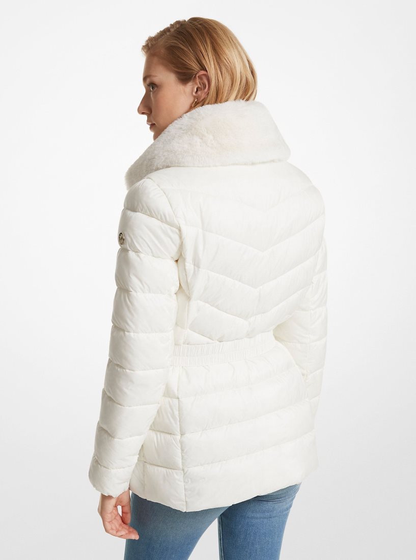 Chaquetas Michael Kors Faux Fur Trim Quilted Nylon Packable Puffer Jacket Mujer Beige | 8219-WRJLN