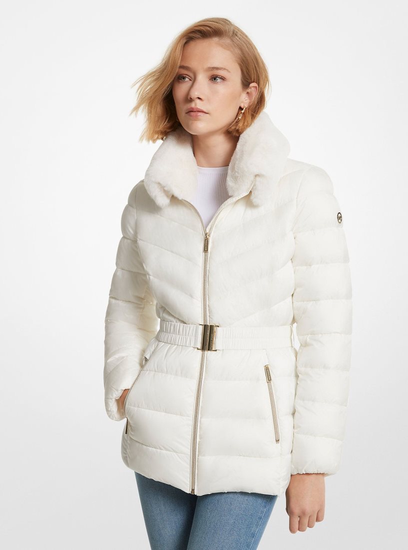 Chaquetas Michael Kors Faux Fur Trim Quilted Nylon Packable Puffer Jacket Mujer Beige | 8219-WRJLN