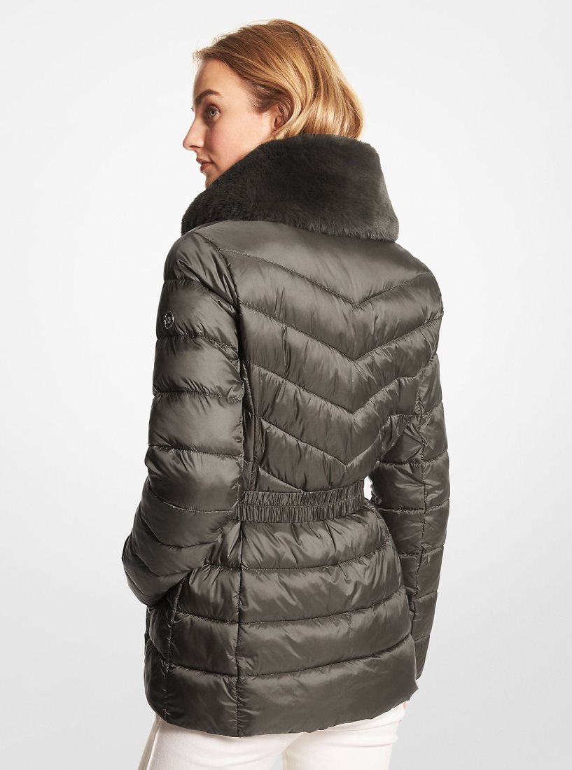 Chaquetas Michael Kors Faux Fur Trim Quilted Nylon Packable Puffer Jacket Mujer Verde Oliva | 5208-ADTPE