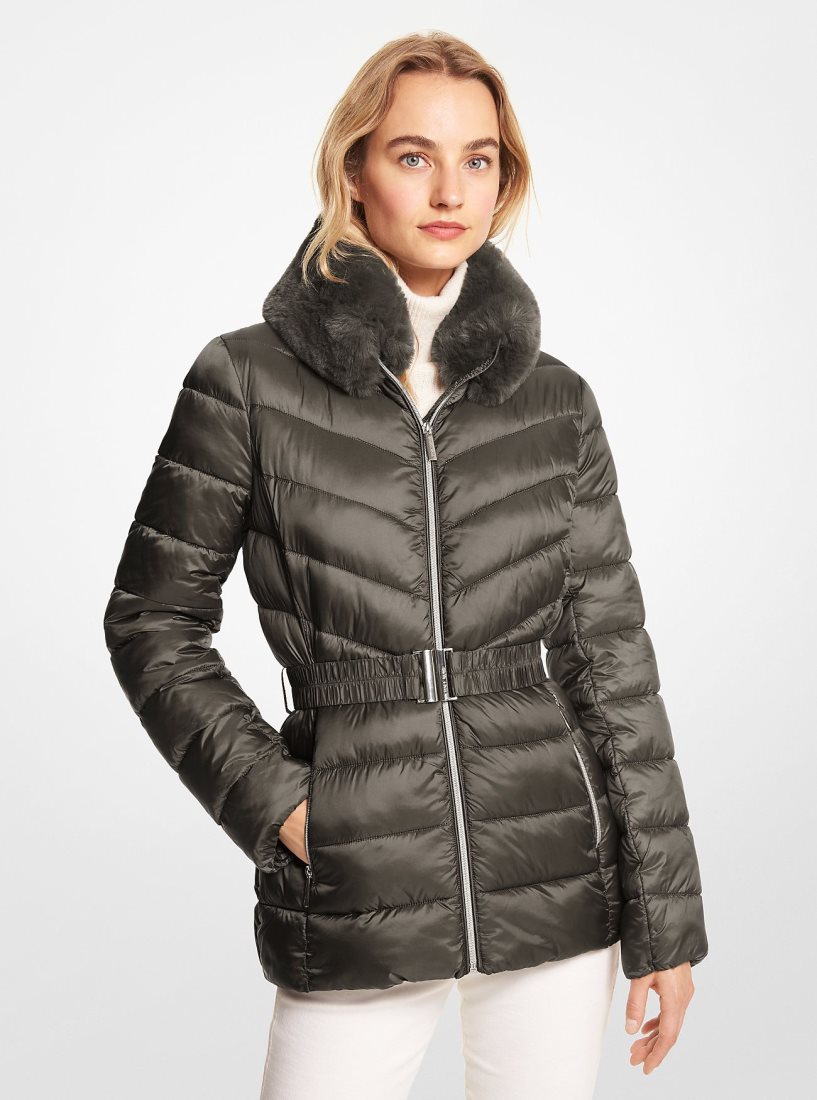 Chaquetas Michael Kors Faux Fur Trim Quilted Nylon Packable Puffer Jacket Mujer Verde Oliva | 5208-ADTPE