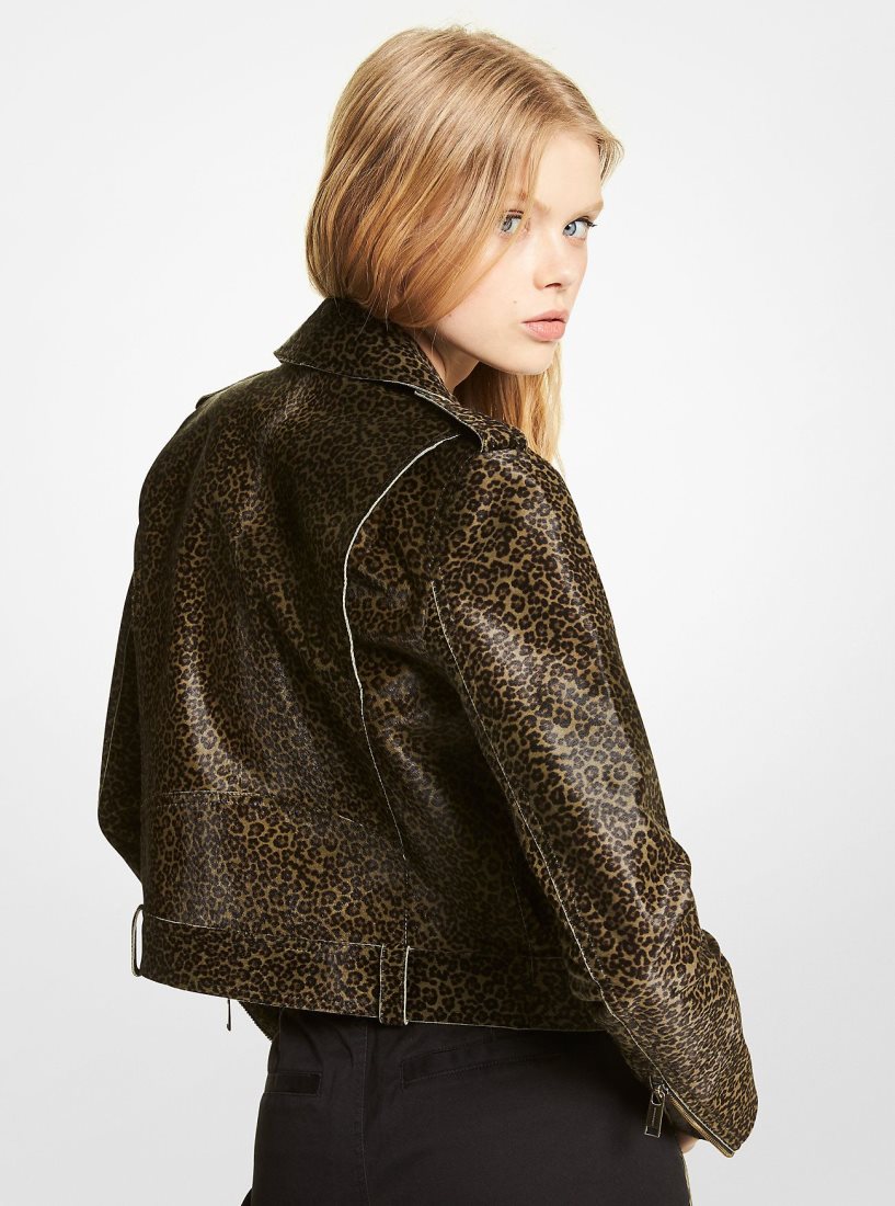 Chaquetas Michael Kors Leopard Print Calf Hair Moto Jacket Mujer Verde Oliva | 3674-JEIVL