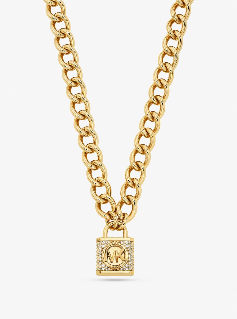 Collares Michael Kors Precious Metal-Plated Brass Pave Lock Necklace Mujer Doradas | 7213-GSJPX