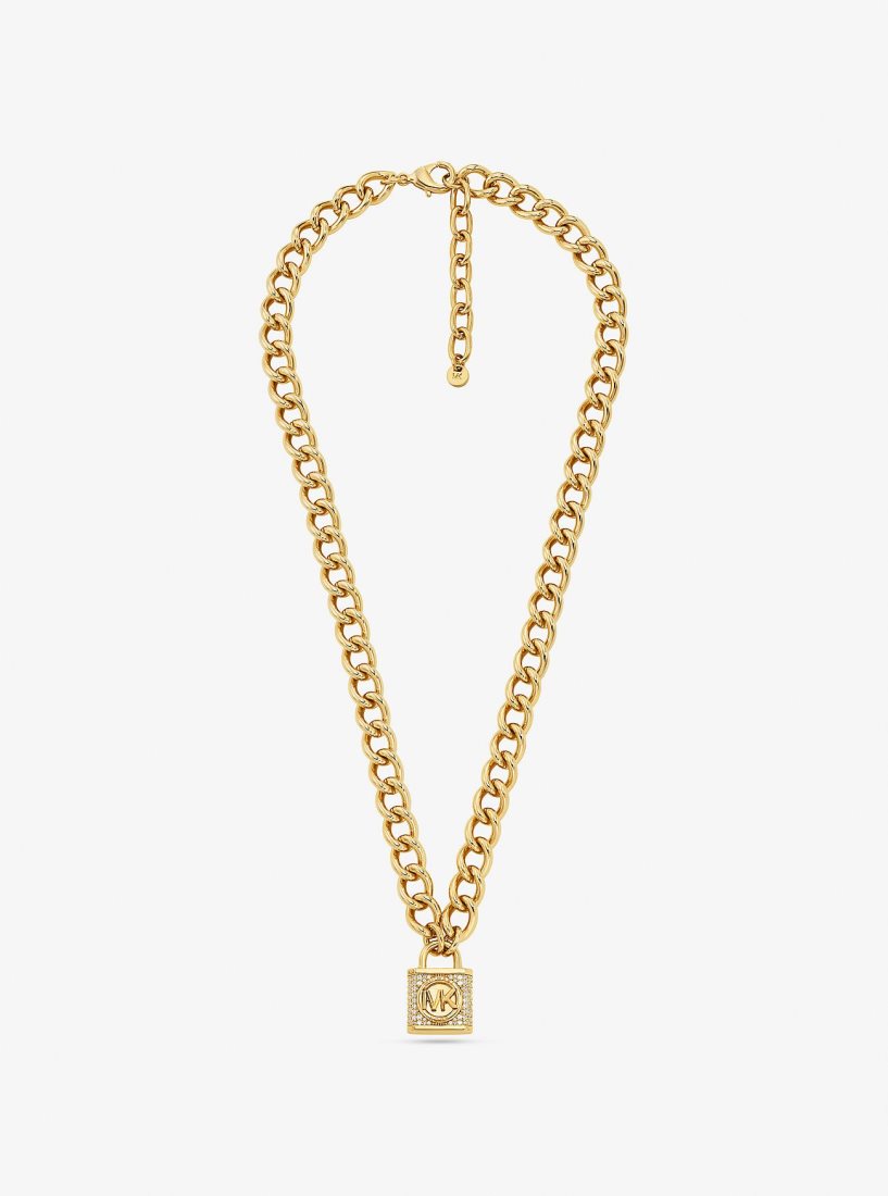 Collares Michael Kors Precious Metal-Plated Brass Pave Lock Necklace Mujer Doradas | 7213-GSJPX