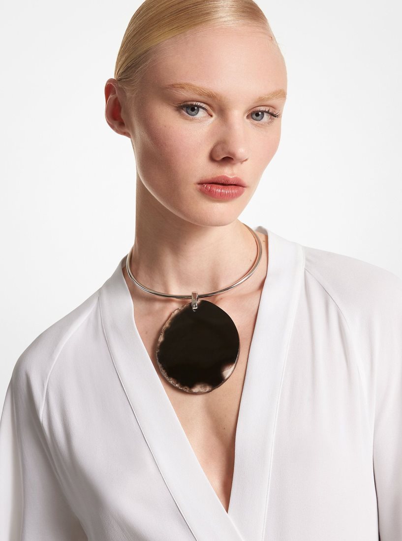 Collares Michael Kors Precious Metal-Plated Brass and Agate Collar Necklace Mujer Negras Plateadas | 0726-SXYVA