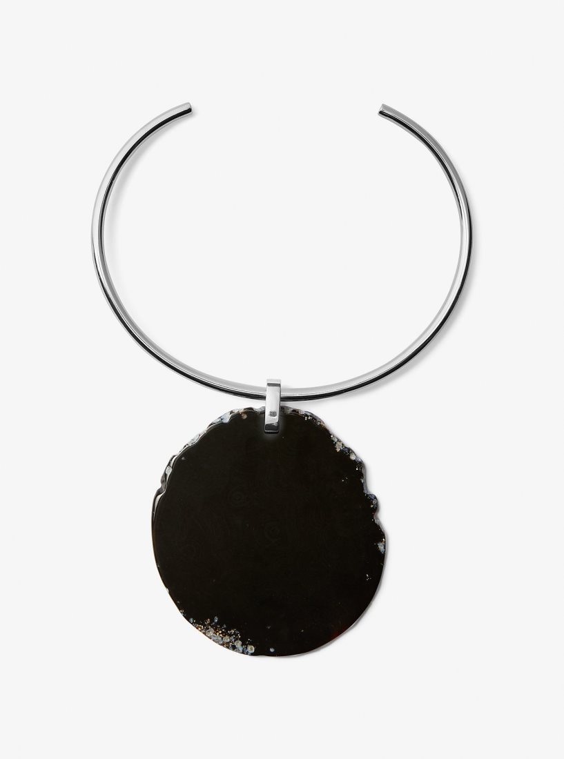 Collares Michael Kors Precious Metal-Plated Brass and Agate Collar Necklace Mujer Negras Plateadas | 0726-SXYVA