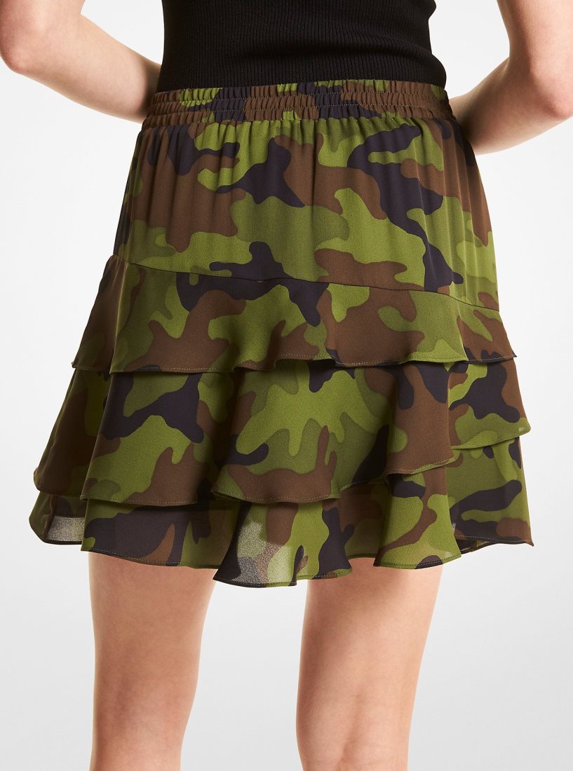 Falda Michael Kors Camouflage Silk Georgette Ruffled Skirt Mujer Verde Oliva | 5290-KENWO