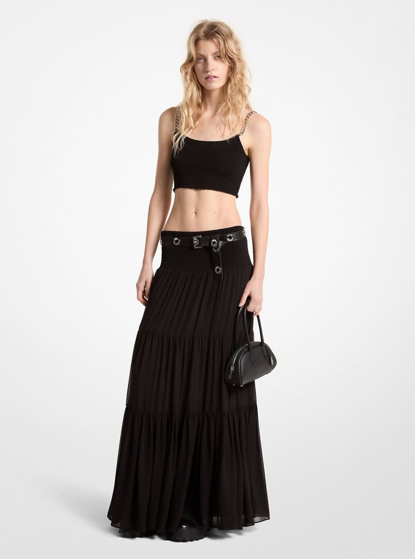 Falda Michael Kors Tiered Smocked Georgette Maxi Skirt Mujer Negras | 8319-PASOG