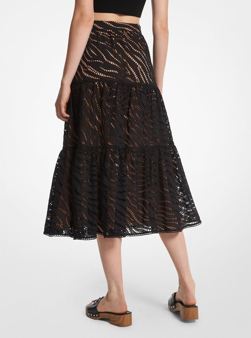 Falda Michael Kors Zebra Eyelet Cotton Tiered Midi Skirt Mujer Negras | 2145-THSUA