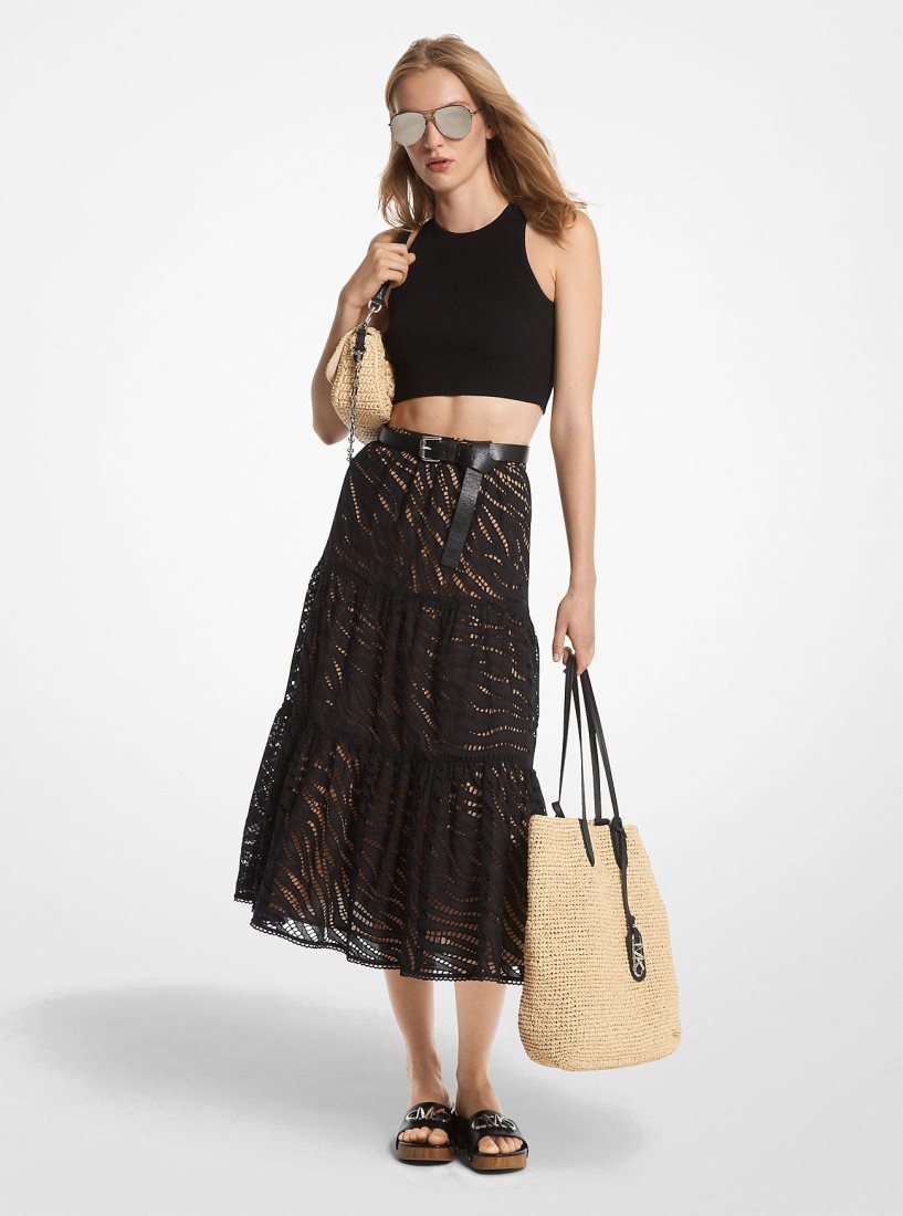 Falda Michael Kors Zebra Eyelet Cotton Tiered Midi Skirt Mujer Negras | 2145-THSUA