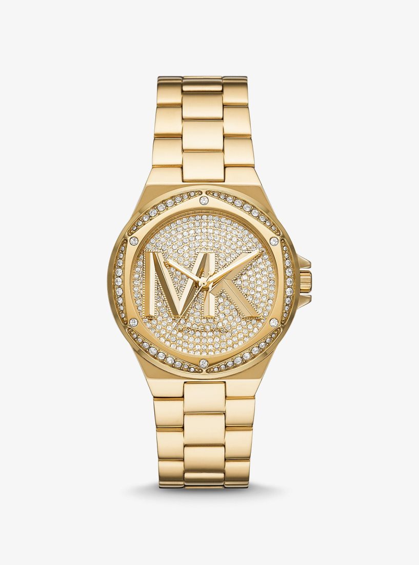 Gold-tone Michael Kors Lennox Pave Logo Gold-Tone Logo Watch Mujer Doradas | 5604-BSWJF