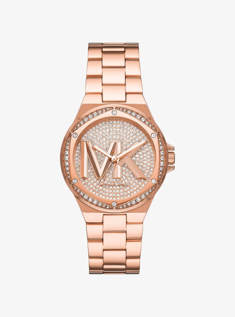 Gold-tone Michael Kors Lennox Pave Logo Rose Gold-Tone Watch Mujer Rosas Doradas | 8125-ALSKF