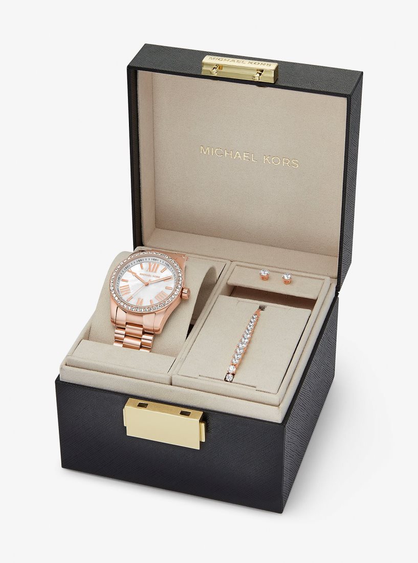 Gold-tone Michael Kors Lexington Pave Rose Gold-Tone Watch and Jewelry Gift Set Mujer Rosas Doradas | 0613-KONYL