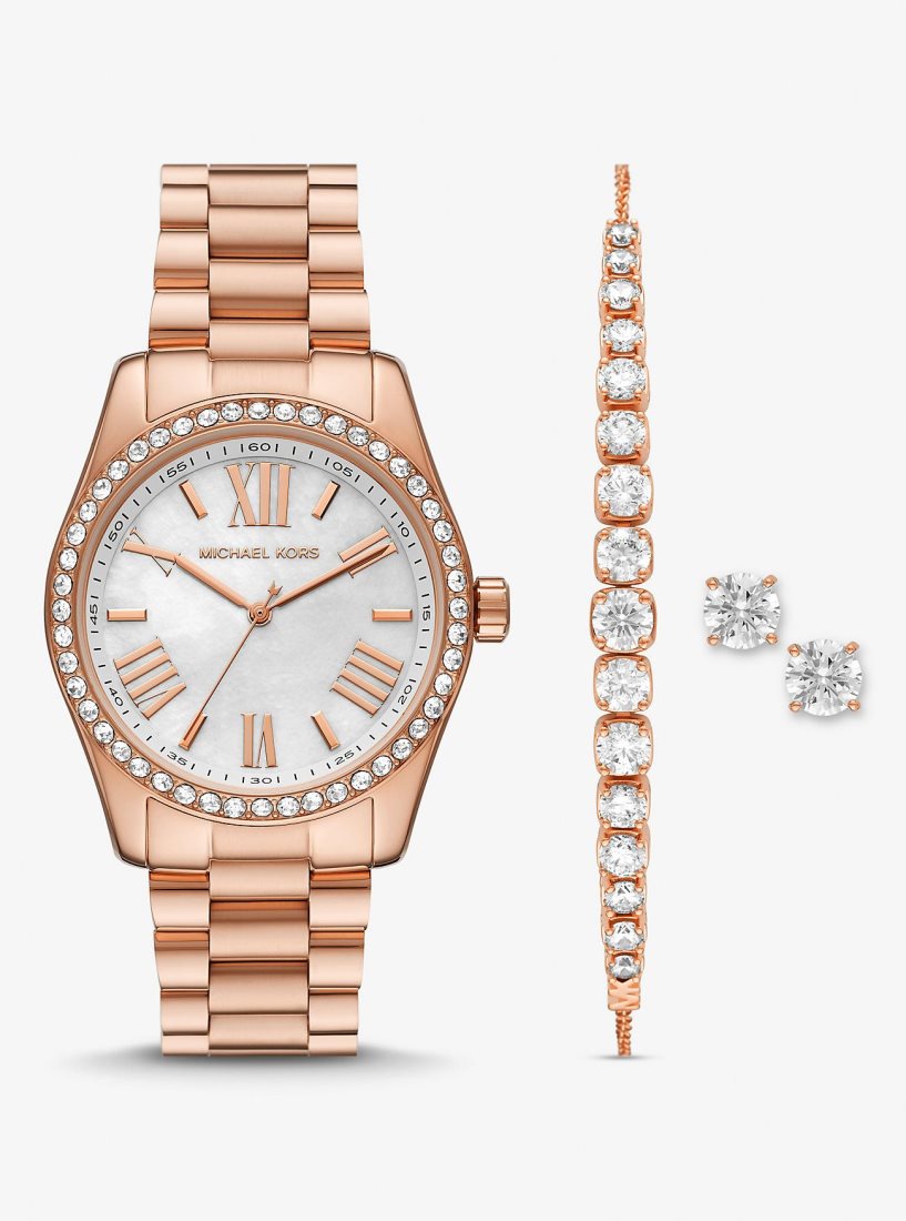 Gold-tone Michael Kors Lexington Pave Rose Gold-Tone Watch and Jewelry Gift Set Mujer Rosas Doradas | 0613-KONYL